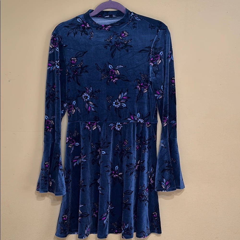 As U Wish Navy Blue Fit and Flare Long Sleeve Bell Sleeve Mock Neck Dress